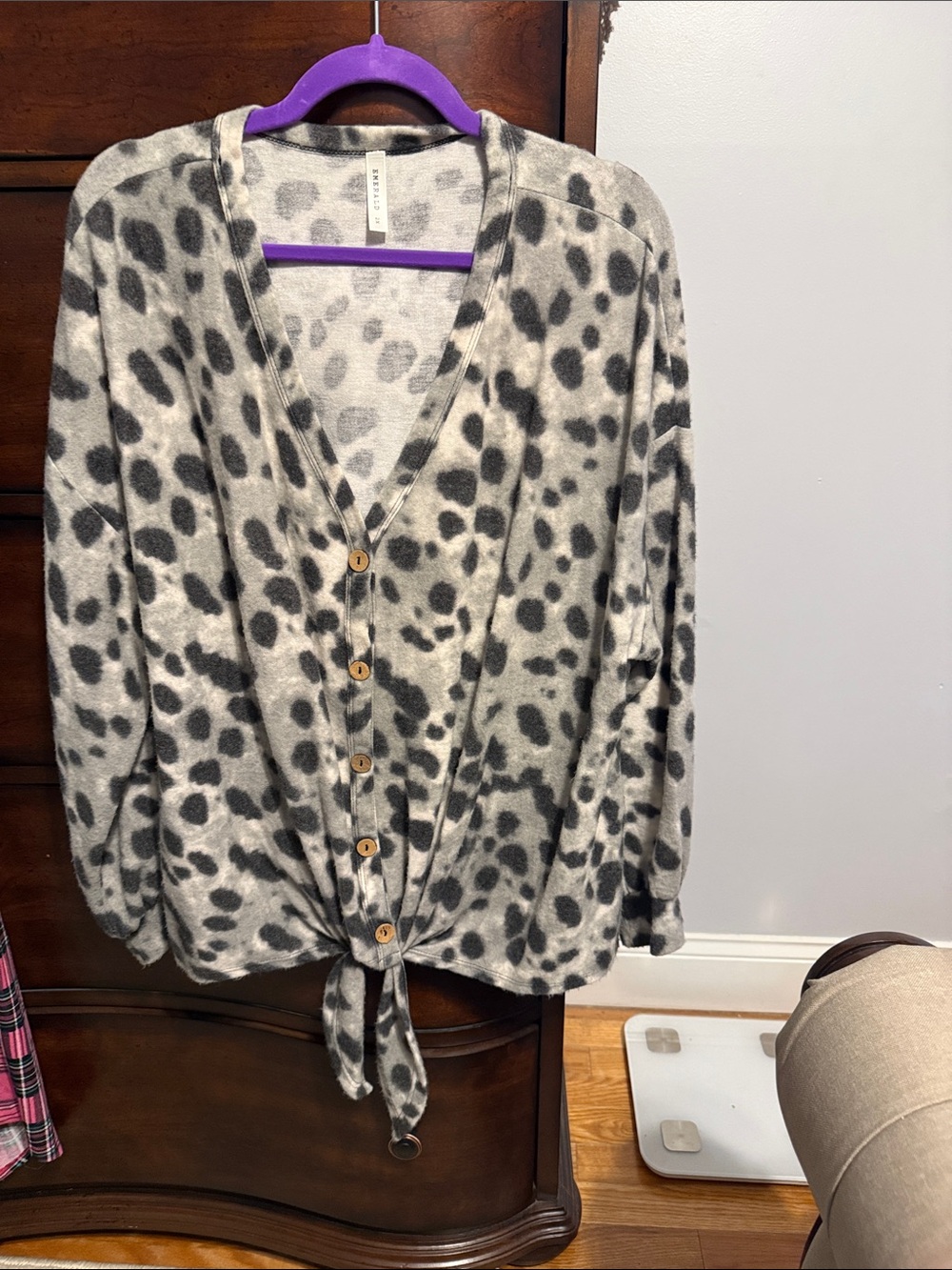 Emerald Gray and Black Leopard Tie-Front Cardigan